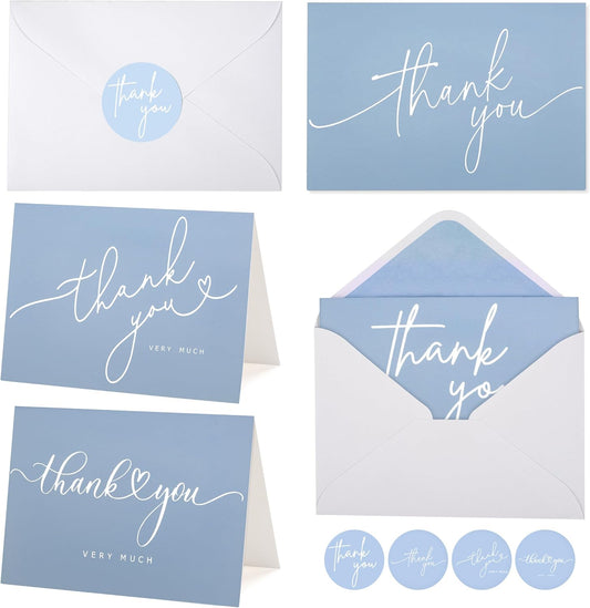 100 Bulk Light blue Thank You Cards with white Envelopes and stickers - 4 Minimalistic Designs Blank Thank You Notes with Envelopes for business Wedding Bridal Gift Baby Shower Business Graduation