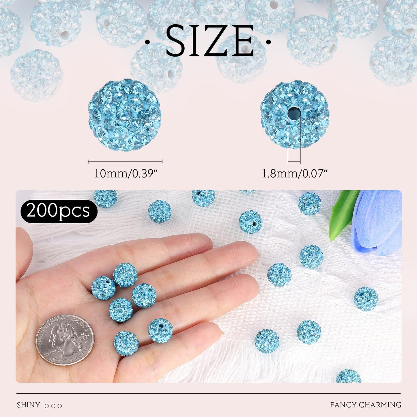 200pcs 10mm Aquamarine Rhinestone Beads for Jewelry Making, Shiny Round Shamballa Disco Ball Beads Bulk, Sparkle Crystal Clay Christmas for Bracelet Baseball Necklace Earring Crafting and DIY