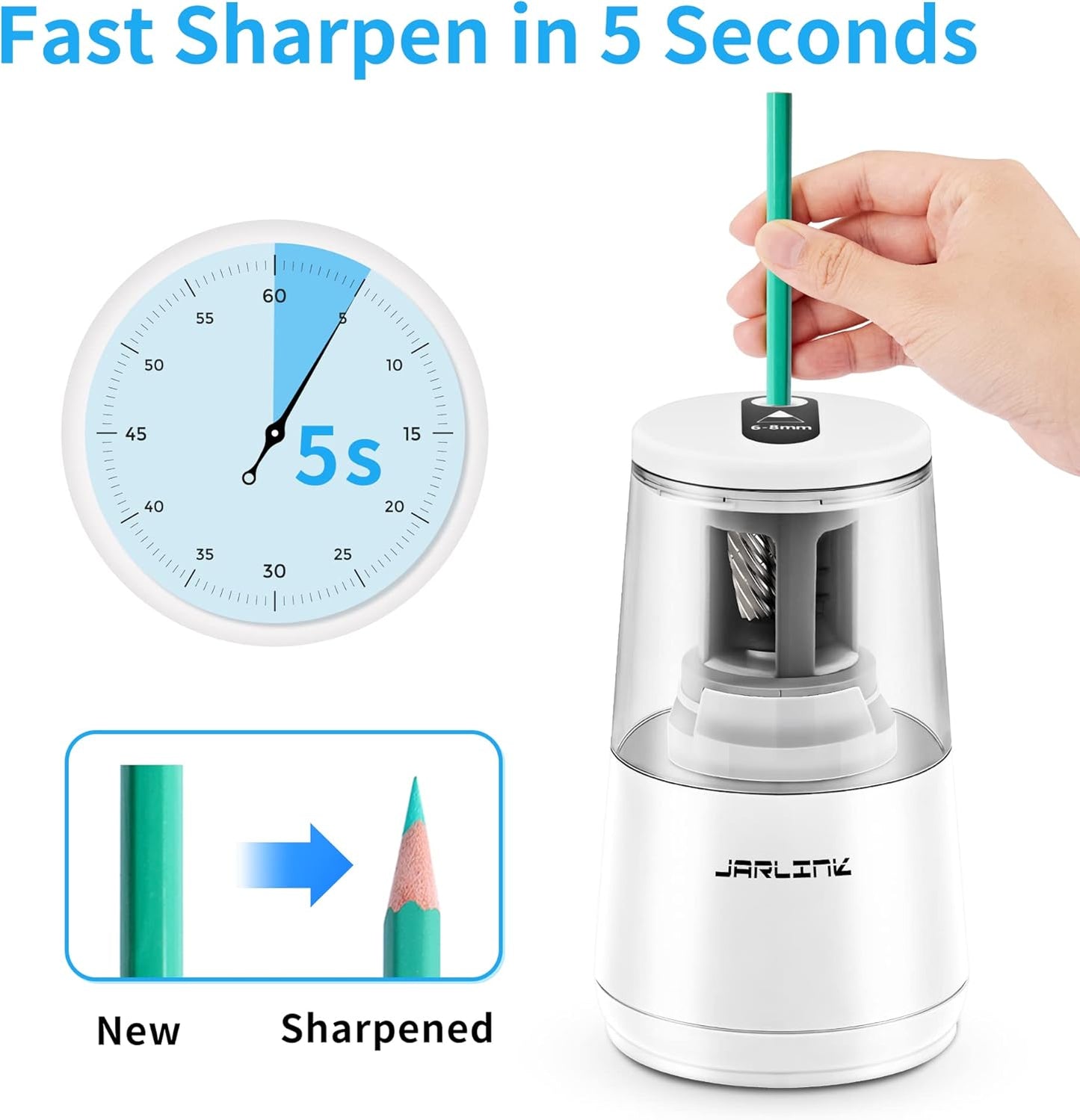 JARLINK Electric Pencil Sharpener, Heavy-Duty Helical Blade to Fast Sharpen, Auto Stop for No.2/Colored Pencils(6-8mm), AC Adapter/Battery Operated in School Classroom/Office/Home (White)