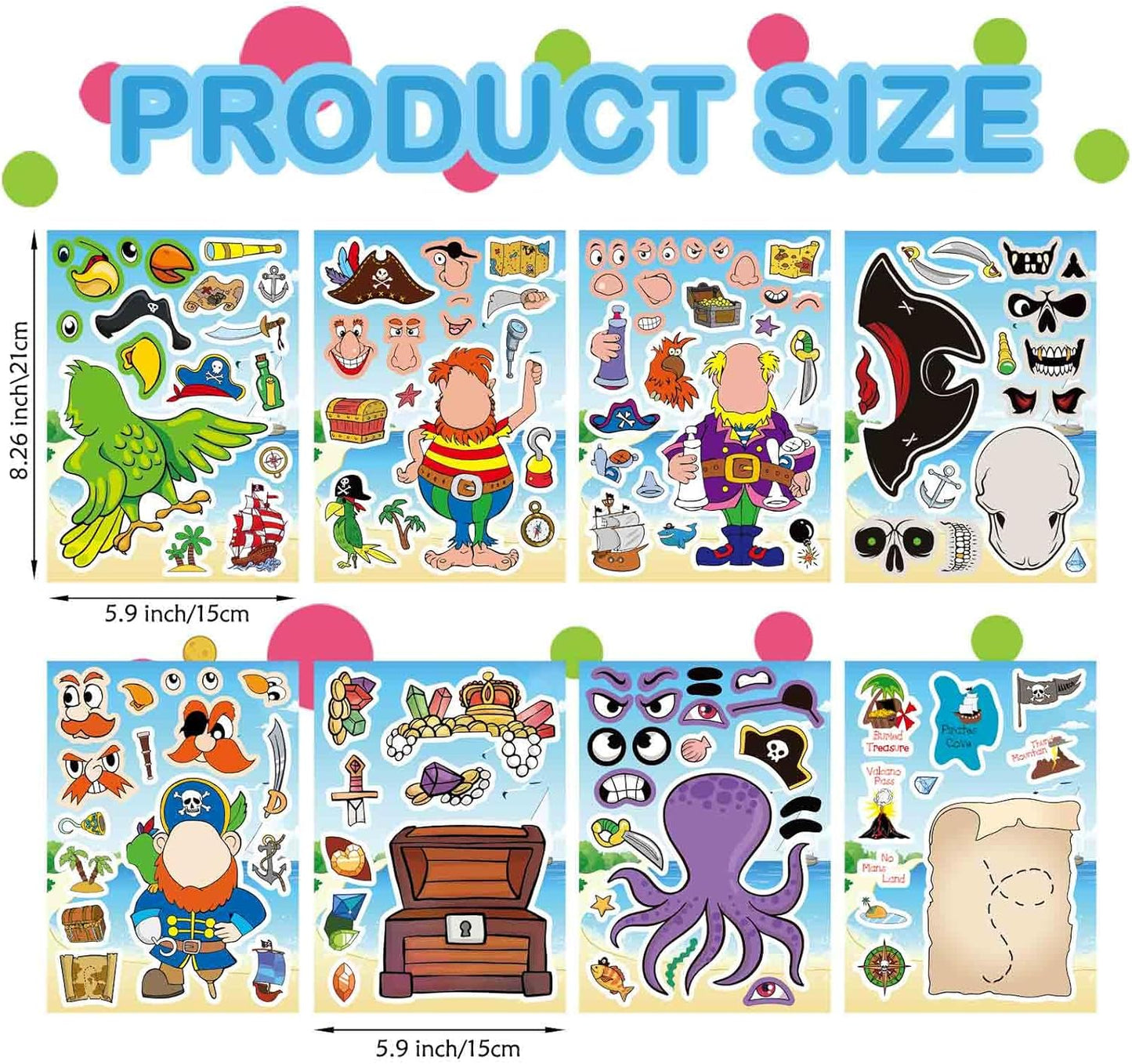 24 Sheets Pirate Stickers for Kids, Make Your Own Pirate Stickers, Make-a-face Stickers, Jolly Roger Stickers, Skull and Crossbones Stickers, Pirate Themed Party Decorations