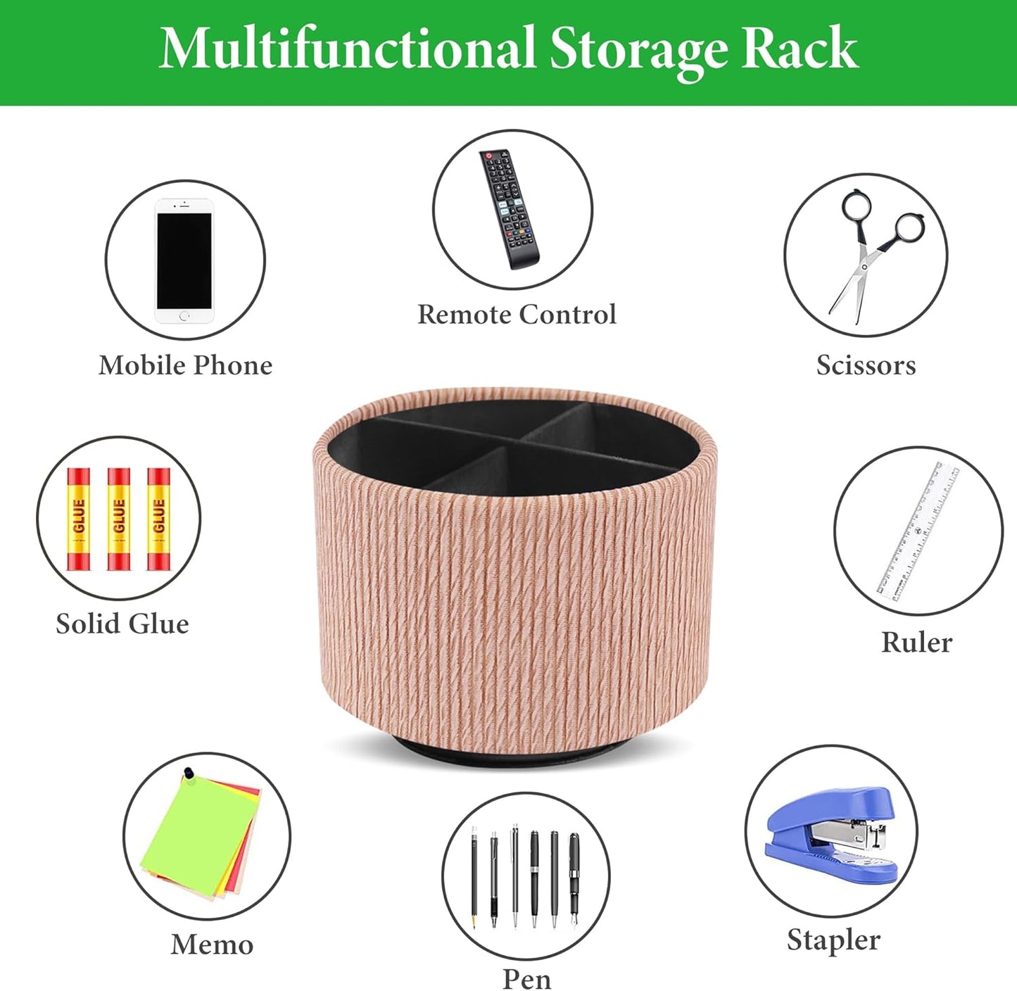 Hennaja Round Leather Art Supply Organizer,Remote Control Holder,360 Degree Spinning,Multi-Functional Pencil Holder,4 Compartments Desktop Stationary Organizer(1-Wood Apricot)