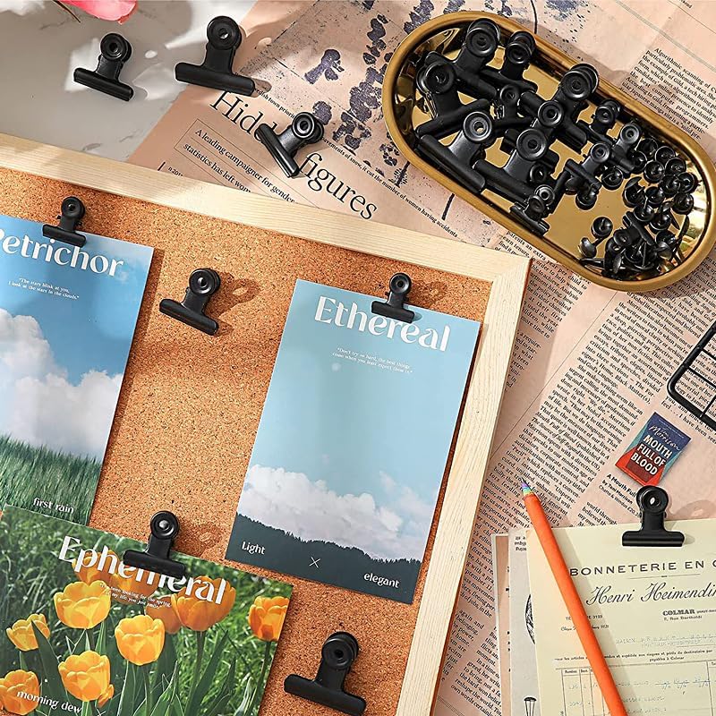 20 Pack Metal Clips with 20 Push-pins for Corkboard,Bulldog Clips for Hanging Pictures,Small Hinge Clips for Photos Crafts,Mini Binder Clips Paper File Clamps for Office(Black,1.2inch)