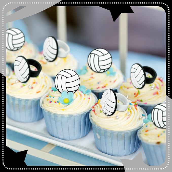 Honeydak 48 Pcs Black Volleyball Cupcake Rings Toppers Decoration Sport Ball - Image 6