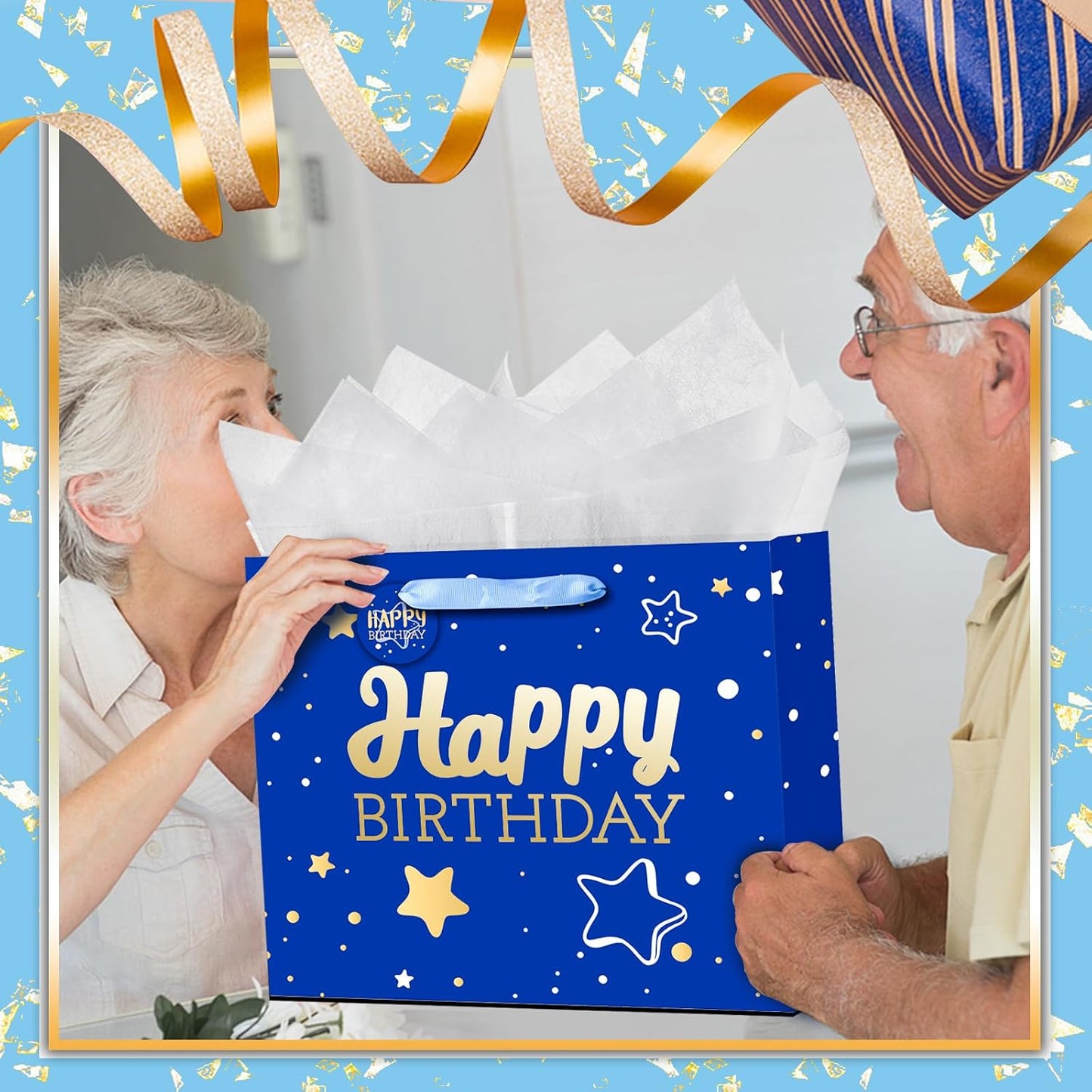 13" Blue Happy Birthday Gift Bag with Tissue Paper and Greeting Card for Party,Happy Birthday Gift Bag for Men Women,Gift Bags Medium size(1 PCS Blue Hot Stamping)