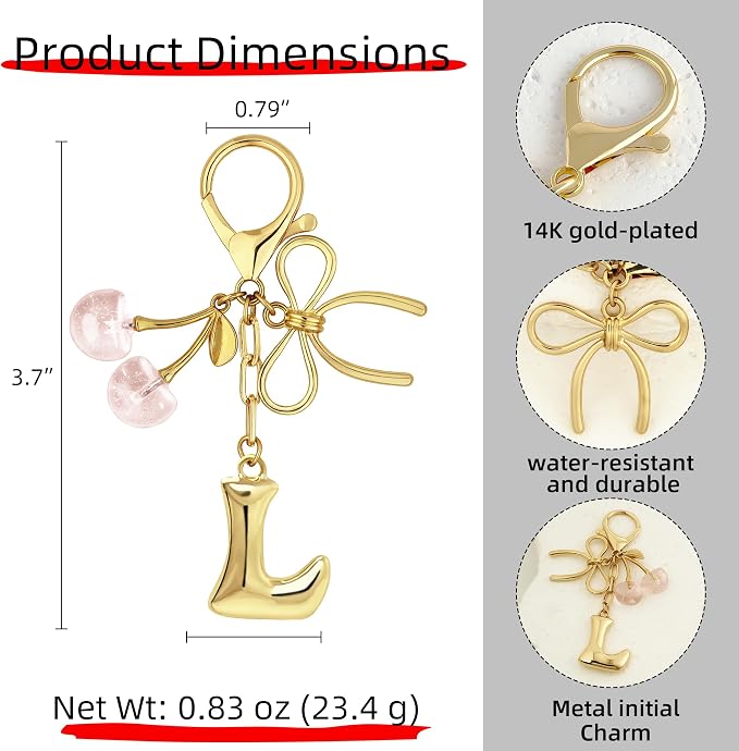 Gold Bubble Heart, Bow & More Designs Letter Initial Keychain Bag Charms – Cute - Image 5