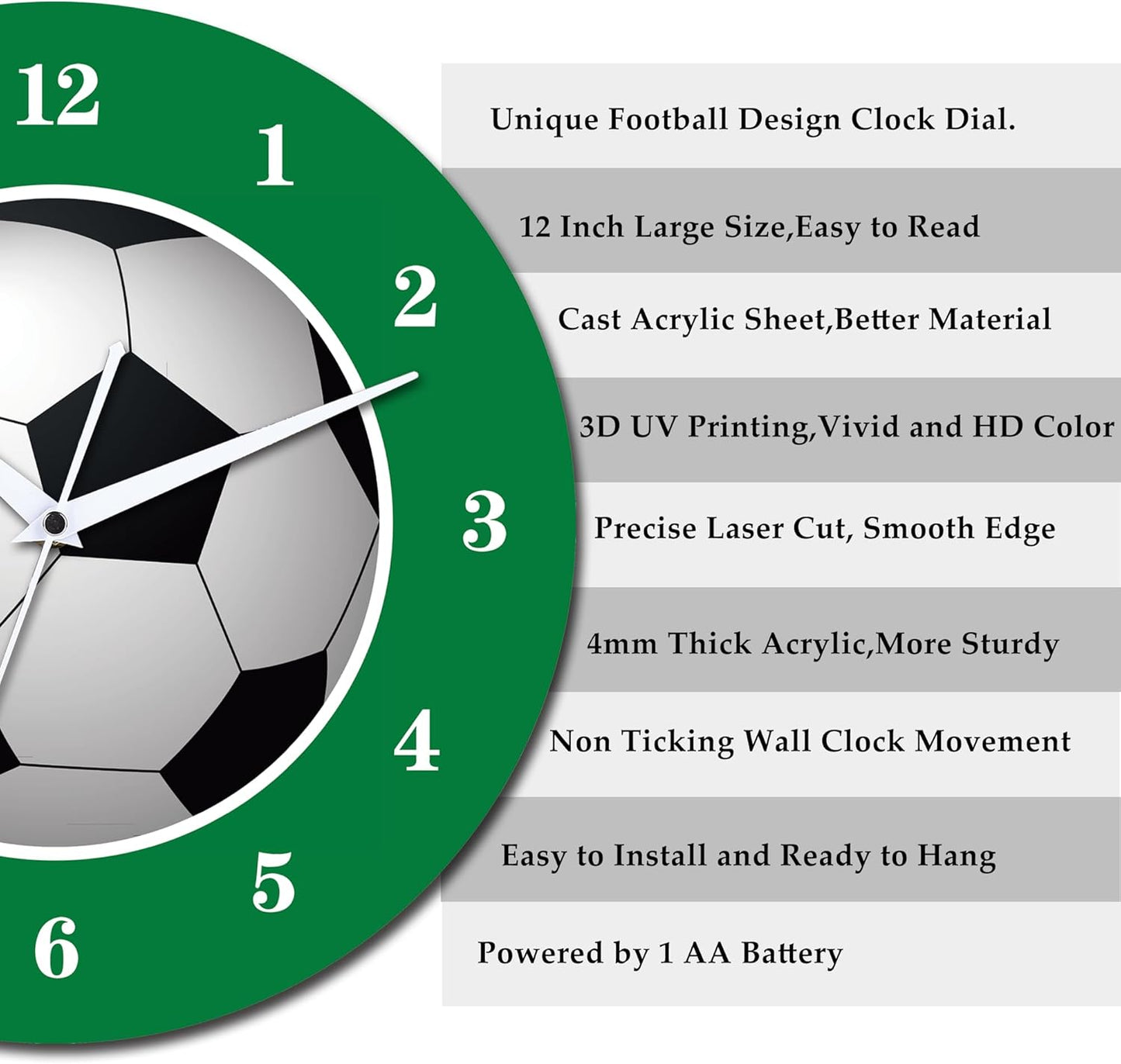 12 Inch Sports Wall Clocks with Silent Clock Movement and Battery Operated, Great Decor for Bedroom, Living Room or Classroom (Football Wall Clock)