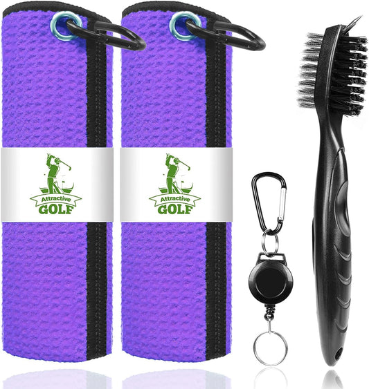 ATTRACTIVE Golf Towels, Microfiber Waffle Pattern Towels - Golf Club Brush with Cleaning (2 Purple Towel+Black Brush)