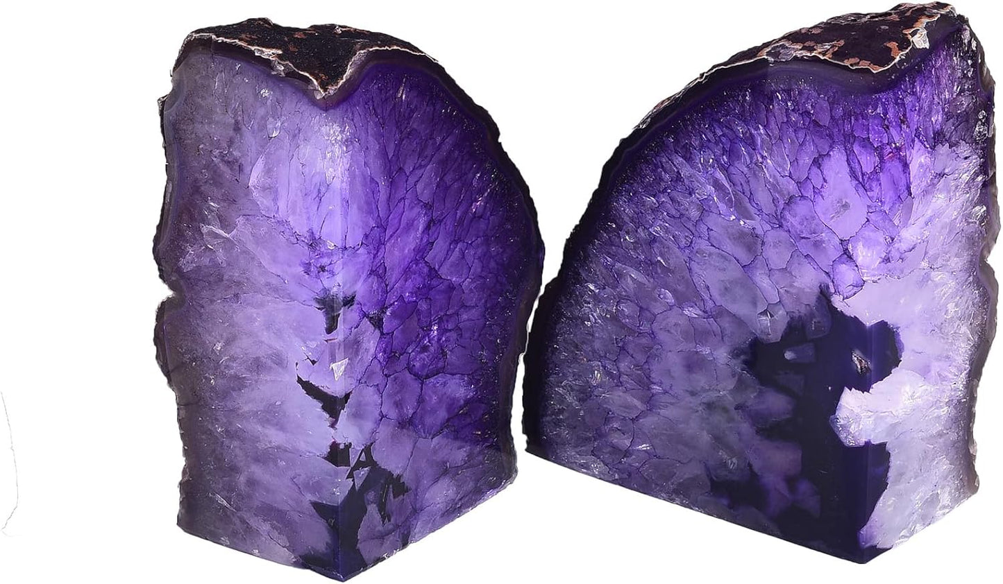 AMOYSTONE Heavy Agate Bookends, Natural Crystal Gemstone Book Holders Purple 5-6 LBS for Shelves, Stylish and Functional Bookends Gift for Women