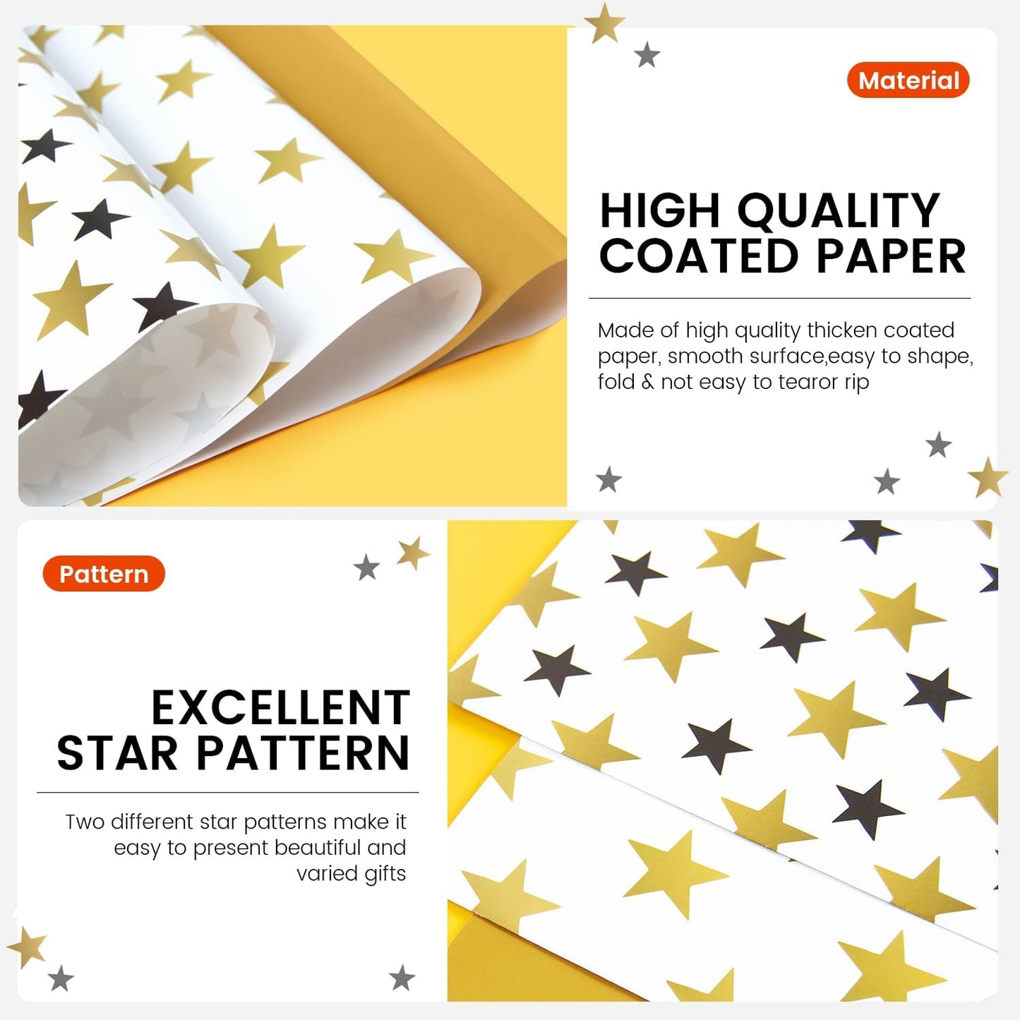 HimBen Gift Wrapping Paper 12 Sheets, Folded Flat Gift Wrap Paper for Presents, Kids, Boy and Girl, 20 x 29” Per Sheet - Gold Black Stars