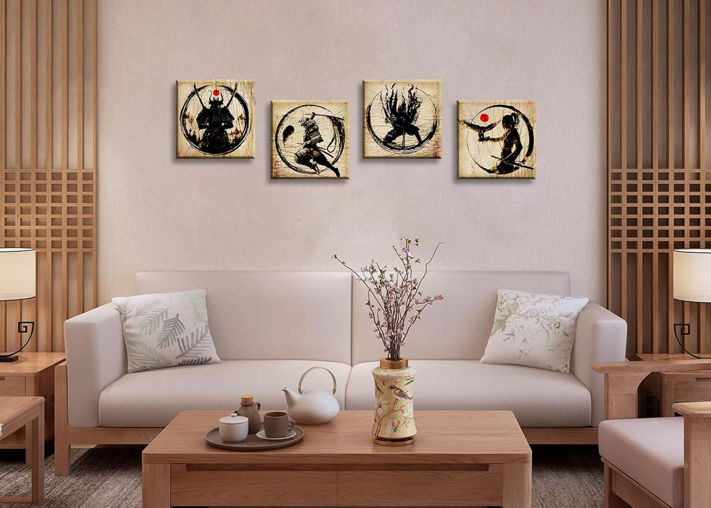 Japanese Decor Wall Art Retro Japanese Armored Samurai Painting Anime Posters Canvas Pictures Office Vintage Black Asian Modern Living Room Bedroom Artwork Framed Ready to Hang 12"X12"X4 Panels