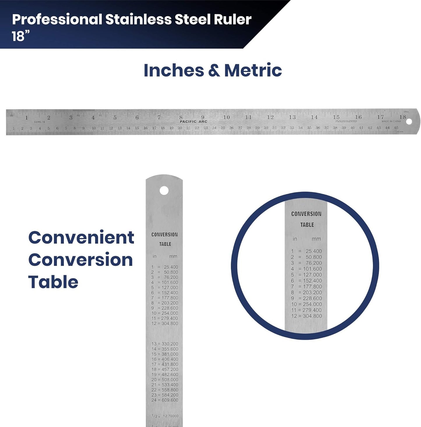 2 Pack - Pacific Arc 18 Inch Stainless Steel Ruler with Inch/Metric Conversion Table