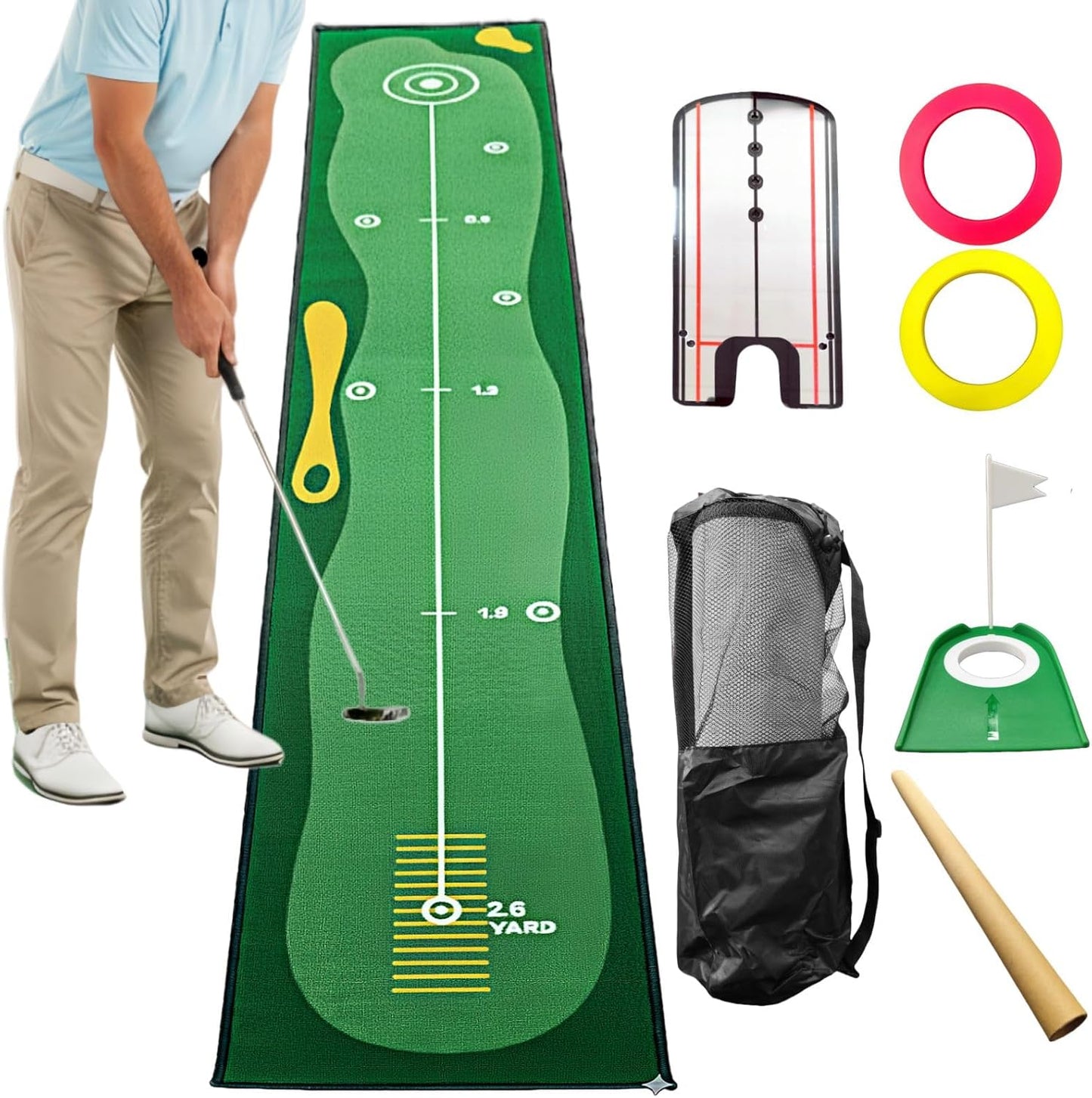 10ft Putting Green Indoor, Golf Putting Mat with Putting Mirror, Storage Bag, Putting Cup, Putting Ring, Roller Brush, Golf Mats Practice Outdoor & Indoor Use, Golf Gifts for Men Golfers