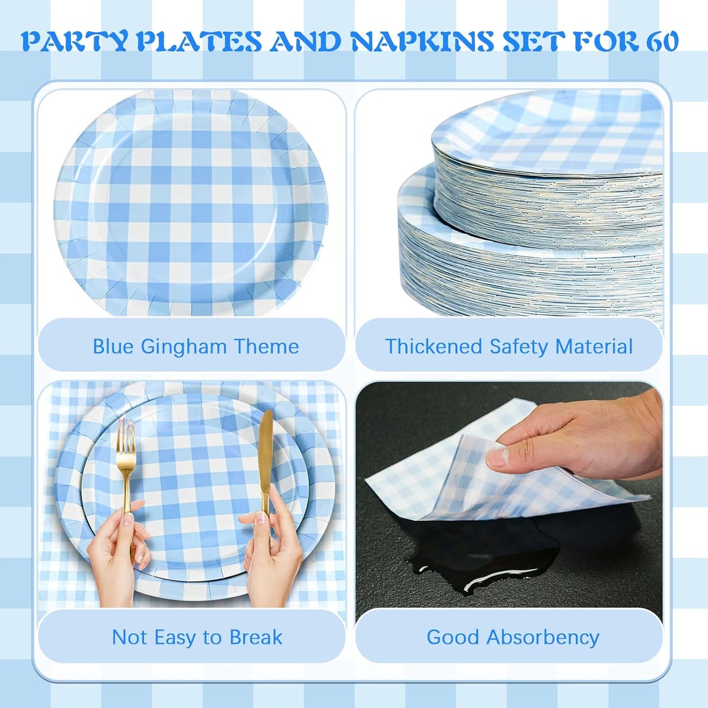 180Pcs Blue Gingham Party Supplies Paper Plates and Napkins Serve 60 Disposable Tableware Set for Birthday Party Decorations Game Day Family School Holiday Sports Events