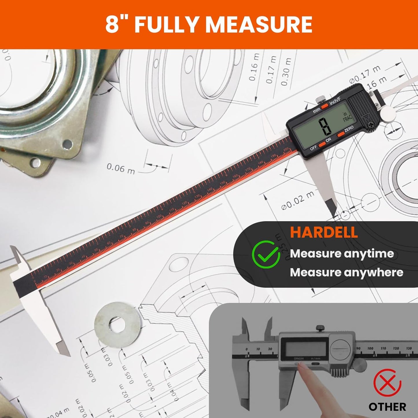 HARDELL Digital Caliper, 0-8 Inch Caliper Measuring Tool with Large LCD Screen, Auto-Off, Inch/Fractions/MM Conversion, Electronic Stainless Steel Micrometer for DIY/Household/3D Printing
