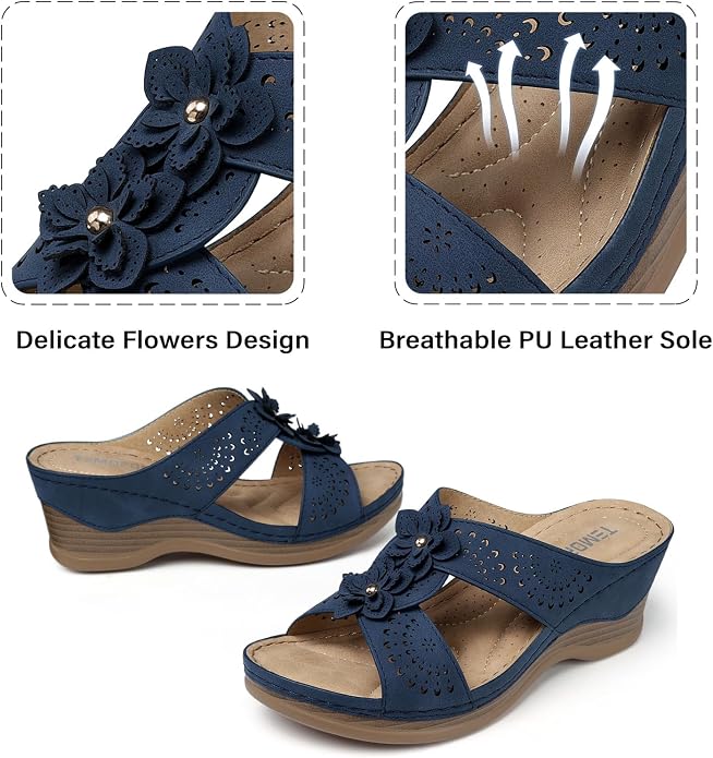 TEMOFON Womens Wedge Sandals Leather: Dressy Sandal, Rubber Sole, Comfortable - Image 4