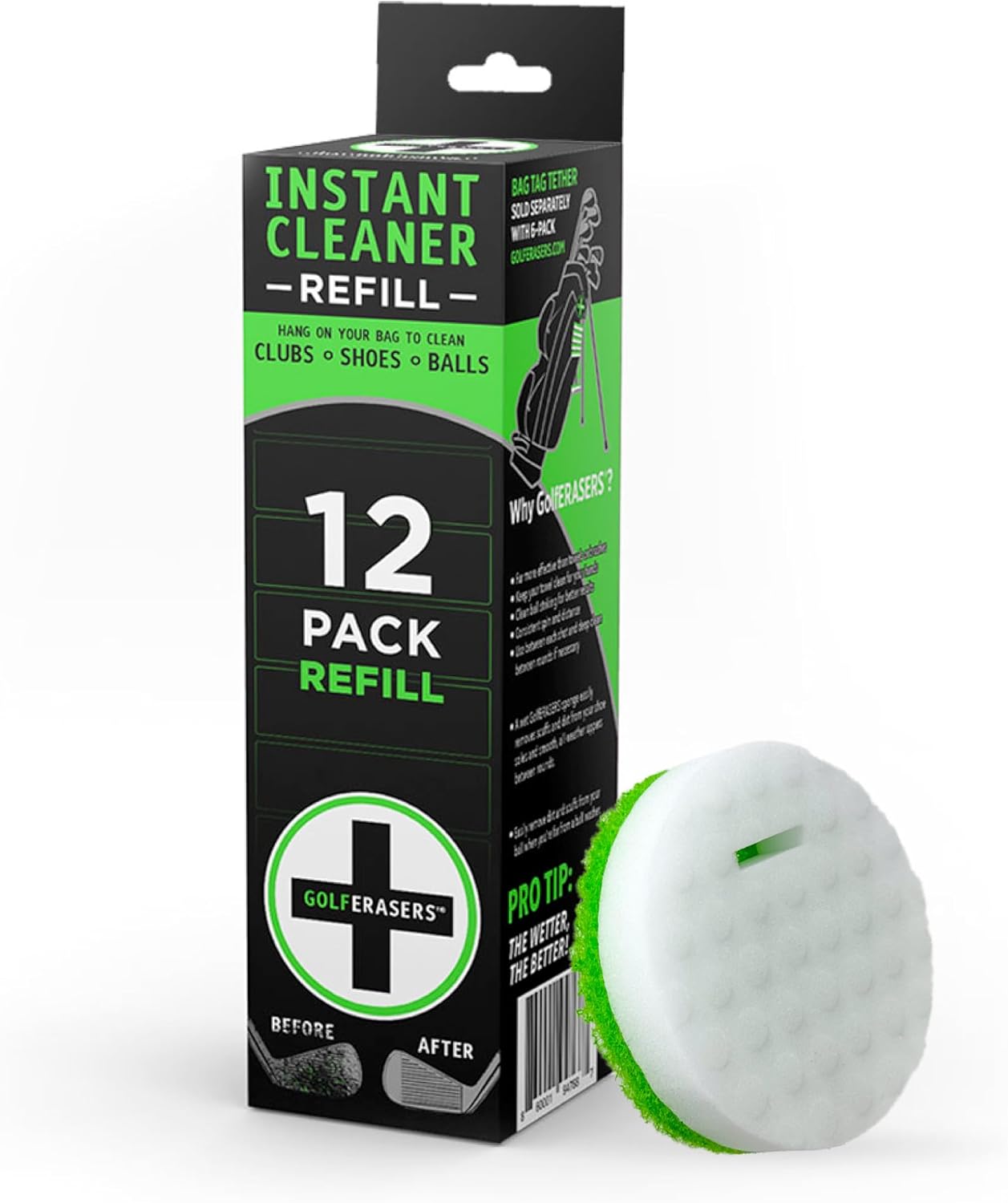 Instant Golf Eraser, Premium Dual-Sided Sponge for Cleaning Clubs, Shoes & Golf Balls - Golf Club Cleaner, Golf Ball Cleaner, Golf Club Groove Cleaner, 12 Pack Refill, Bag Tether NOT Included