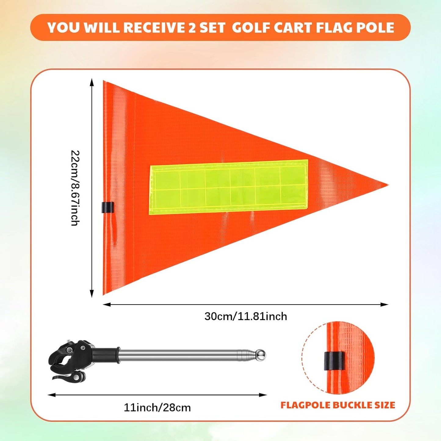 Hicarer 2 Set Reflective Golf Cart Flag Pole Kit Golf Cart Flag Holder Accessories Orange Safety Mount with Reflective Stripe Adjustable Height Flagpole Wheelchairs