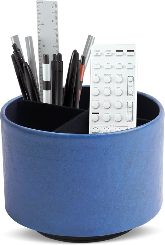 Hennaja Round Leather Art Supply Organizer,Remote Control Holder,360 Degree Spinning,Multi-Functional Pencil Holder,4 Compartments Desktop Stationary Organizer(1-Oil Blue2)