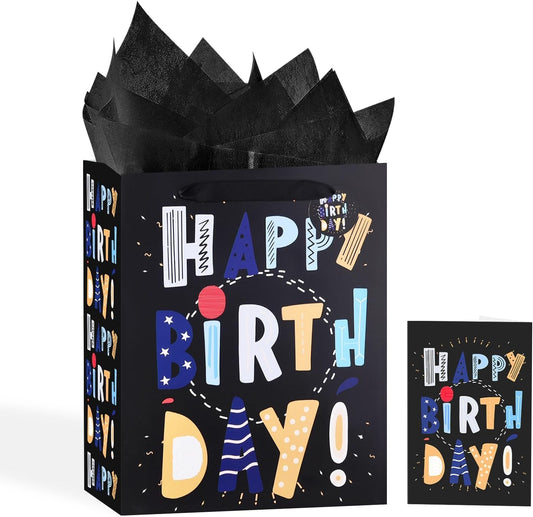 13" Black Happy Birthday Bags for Kids with Tissue Paper and Greeting Card for Party,Happy Birthday Gift Bag for Kids, Boys, Girls, Baby Boy,Men Women,Gift Bags Medium size (1 Pcs Black, Kids Gift Bag)