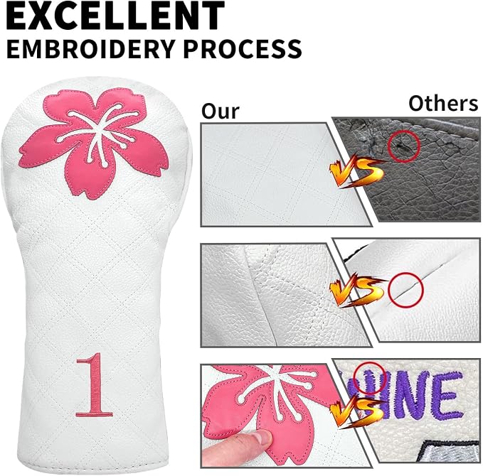 Grid Cherry Blossom Design Golf Covers PU Headcovers Set Fits Driver Fairway - Image 6