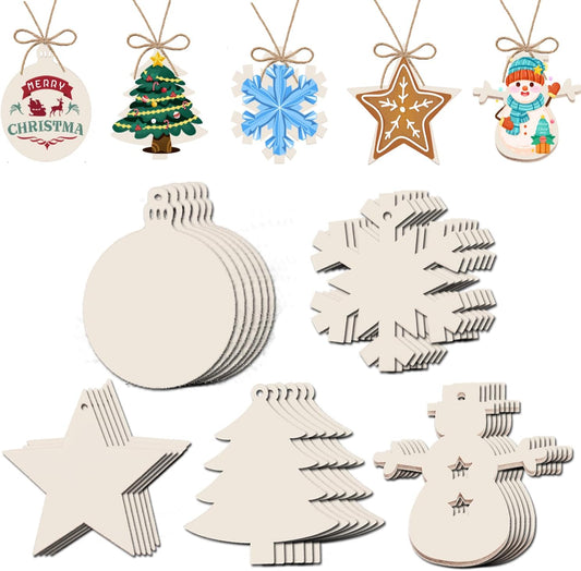 50PCS Unfinished Wood kit with Holes, Wooden Circles for DIY Crafts, Blank Wood Cutouts Wooden Tags Ornaments for Sign Gift Tags, Christmas Decorations Indoor Outdoor Decor (Different Shape)