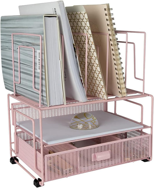 BLU MONACO Pink Desk Organizer | Metal File Sorter with Drawer | Office Supplies and Desktop Storage for Home Office