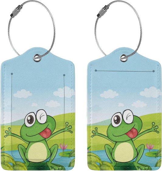 2 Pcs Smiling Frogs Theme Luggage Tags for Suitcases, Lotus Flower Decorations Tags Birthday Gifts for Men Women Boy Girl Outdoor Travel