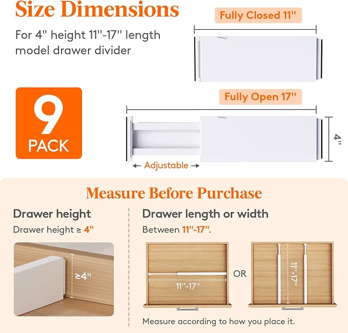 Lifewit 9 Pack Drawer Dividers 4" High, 11-17" Adjustable Drawer Organizers - Image 2