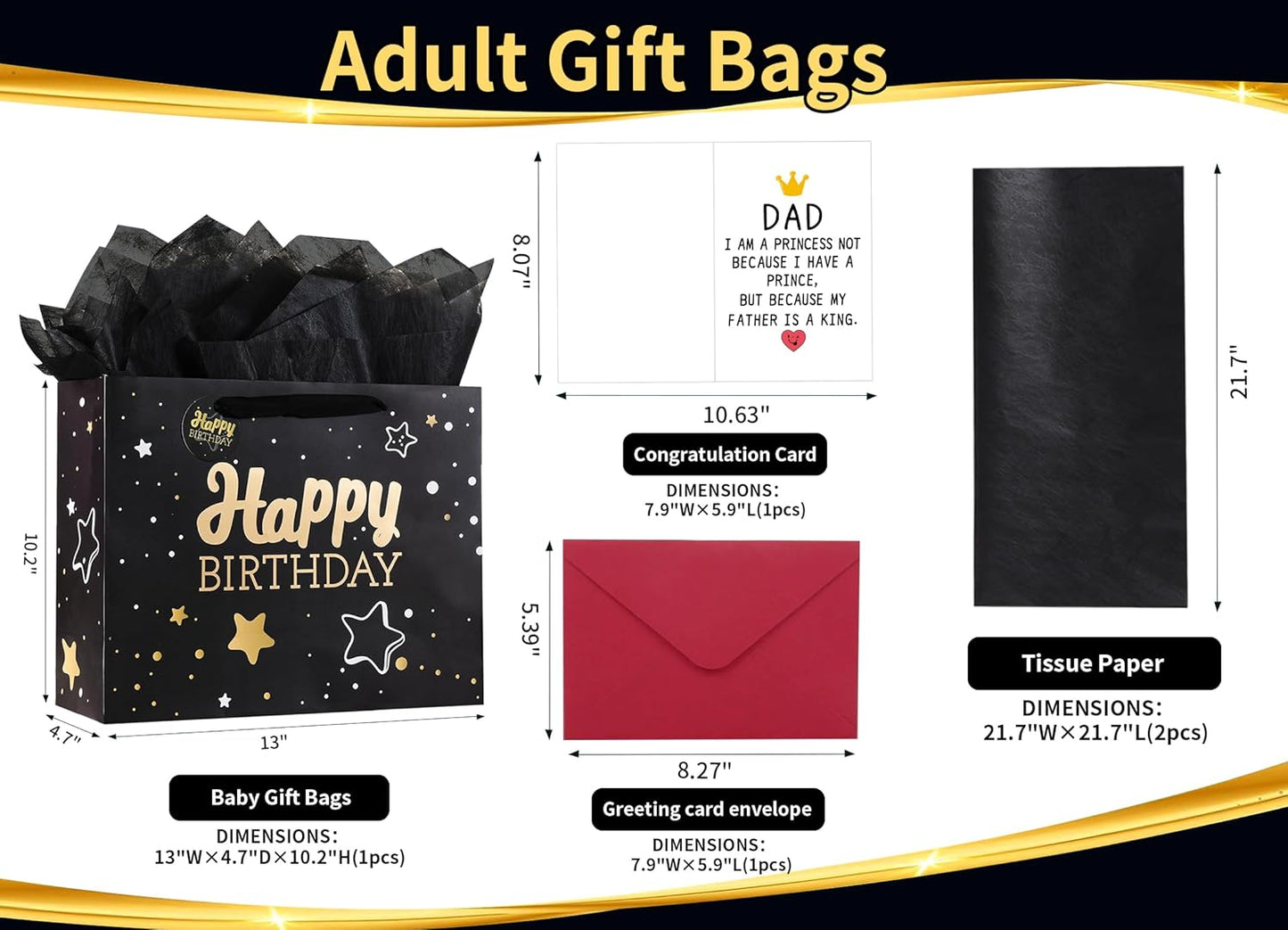 13" Black Happy Birthday Gift Bag with Tissue Paper and Greeting Card for Party,Happy Birthday Gift Bag for Men Fathers, Gift Bags Medium size(1 PCS Black, Attach Dad Cards)