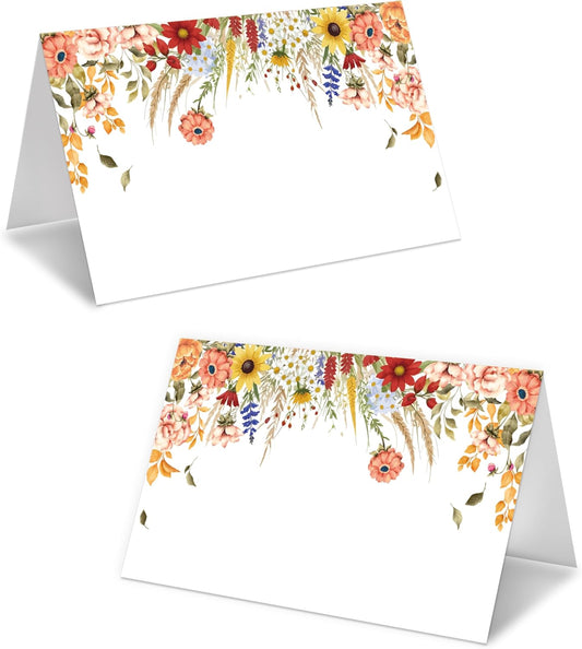 Boho Floral Place Cards For Girls, Flowers Name Card For Table Setting, Spring Holiday Party Favors Supplies, Bohemian Style Floral Tent Cards Decor For Bridal Shower Wedding Baby Shower, 25 Pack -09