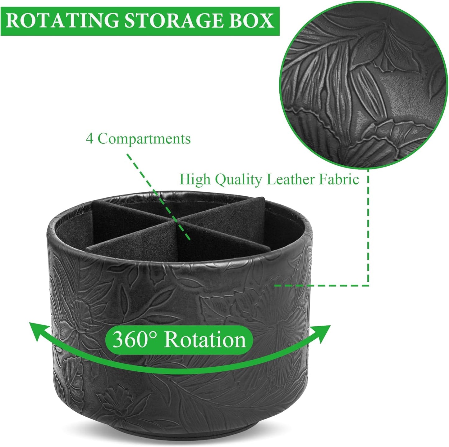 Hennaja Round Leather Art Supply Organizer,Remote Control Holder,360 Degree Spinning,Multi-Functional Pencil Holder,4 Compartments Desktop Stationary Organizer(1-Carved Black)