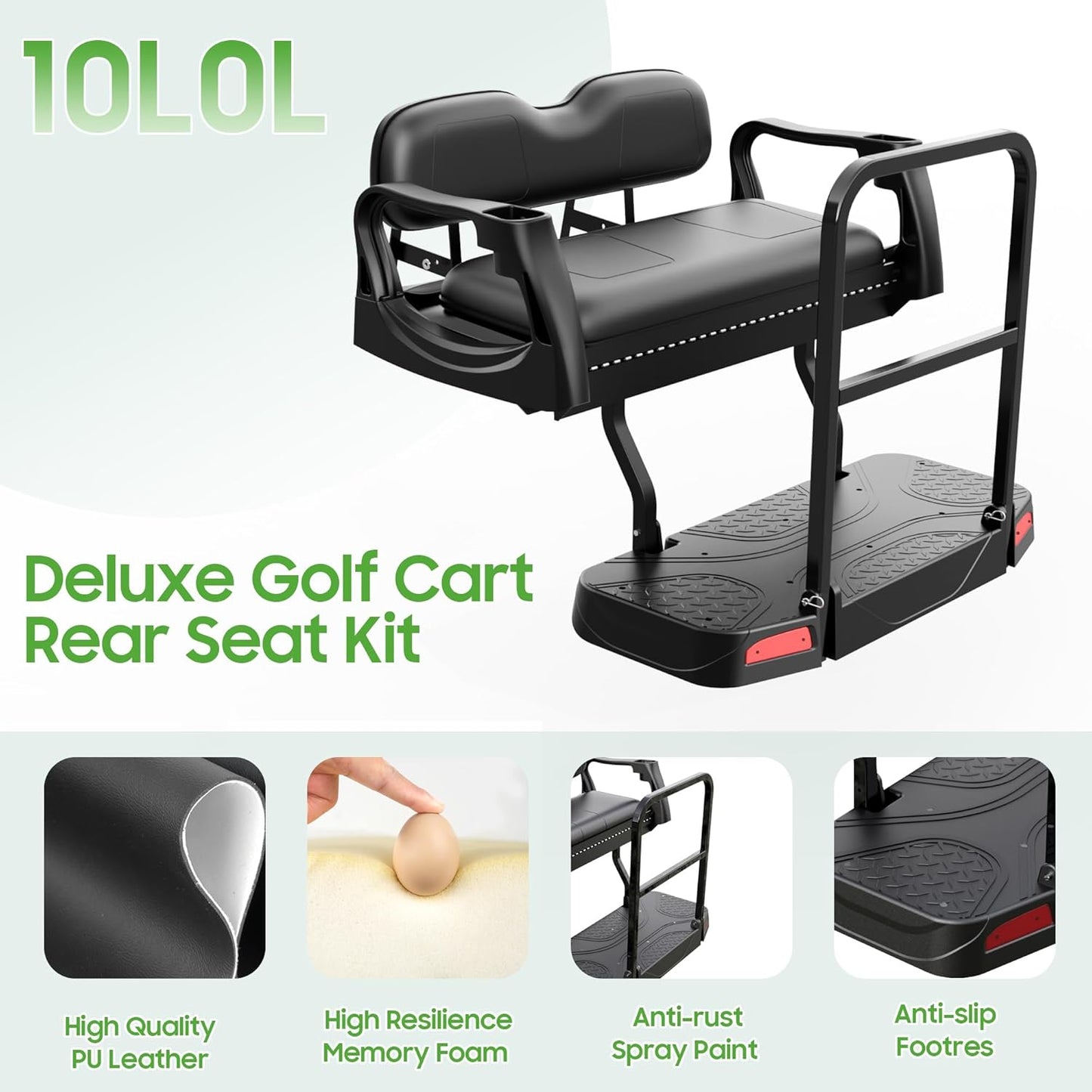 10L0L Golf Cart Rear Flip Seat Kit for Club Car DS Gas & Electric, Deluxe Flip Folding Back Seat Kit with Widened Grab Bar, Black Leather Cushions, Cargo Net