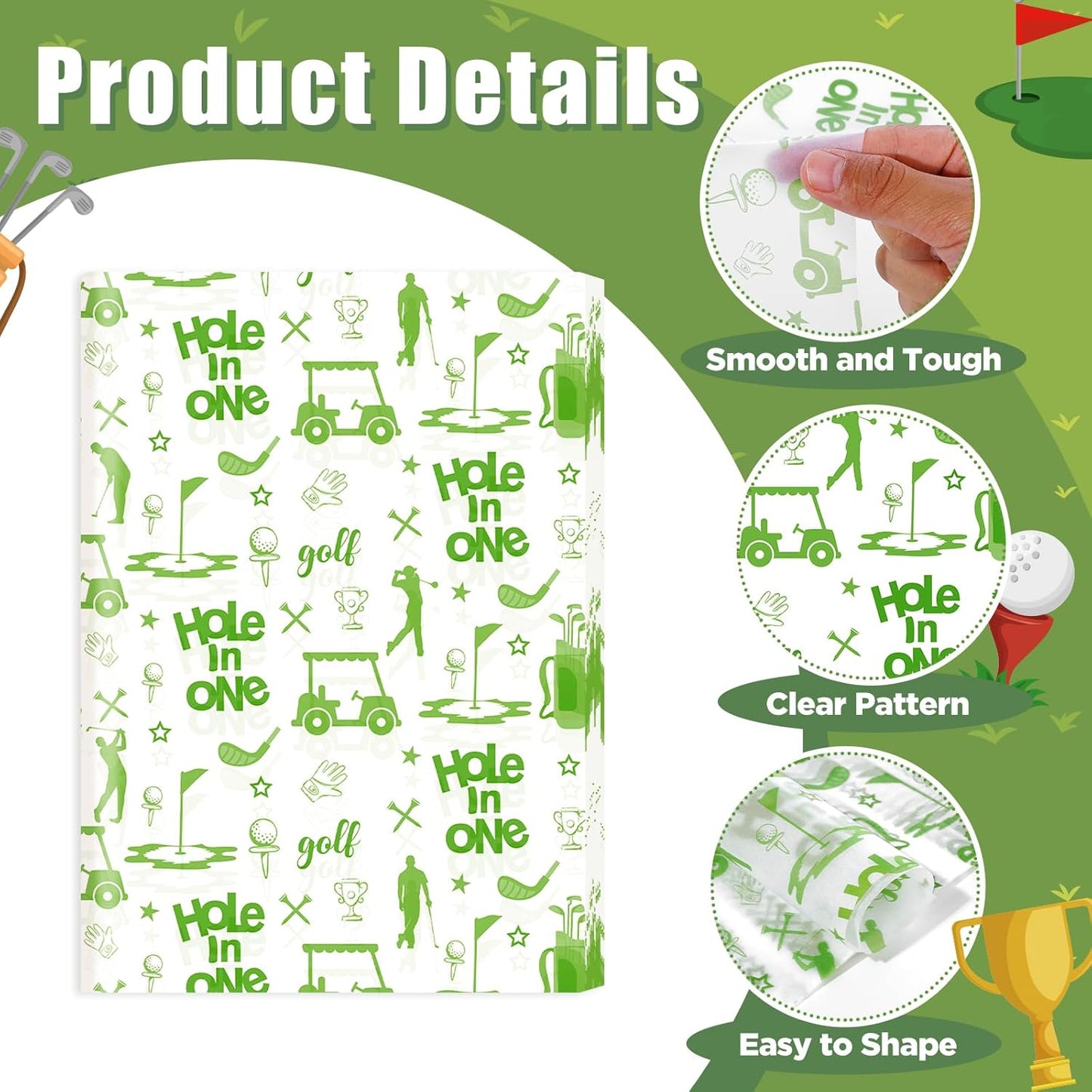 100 Sheets Golf Tissue Papers, Hole in One Gift Wrapping Tissue Papers for Gift Bag & Packaging, Green Golf Sports Theme Art Paper with Golf Club Ball Cart for Birthday Sports Party Decor, 20 x 14IN