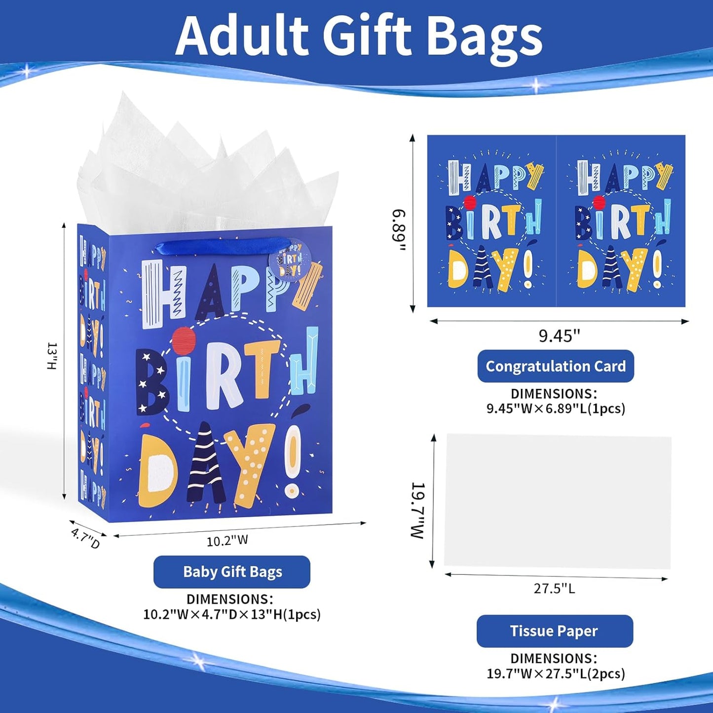 13" Blue Happy Birthday Bag with Tissue Paper and Greeting Card for Party,Happy Birthday Gift Bag for Kids, Boys, Girls, Baby Boy,Men Women,Gift Bags Medium size (1 PCS Blue, Kids Gift Bag)