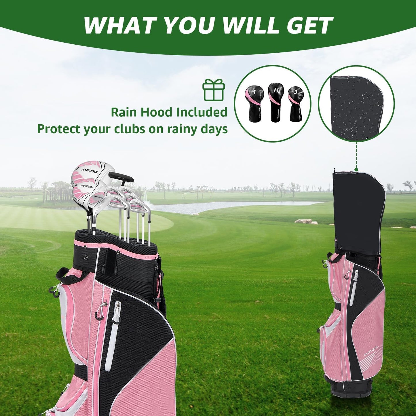 10 Pieces Golf Clubs Full Set Mens Right Hand,Golf Set Includes Stand Bag with Rain Hood, 1#Driver 3#Wood #5 Hybrid,with 3 Head Covers, 6# 7# 8# 9# PW# Irons and Putter