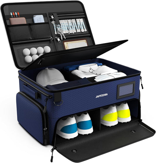 3-Layer Golf Trunk Organizer, Golfer Gifts for Men Women with Separate Ventilated Compartment for 2 Pairs Shoes, Waterproof Car Golf Locker Storage Bag for Golf Gear and Accessories,Blue