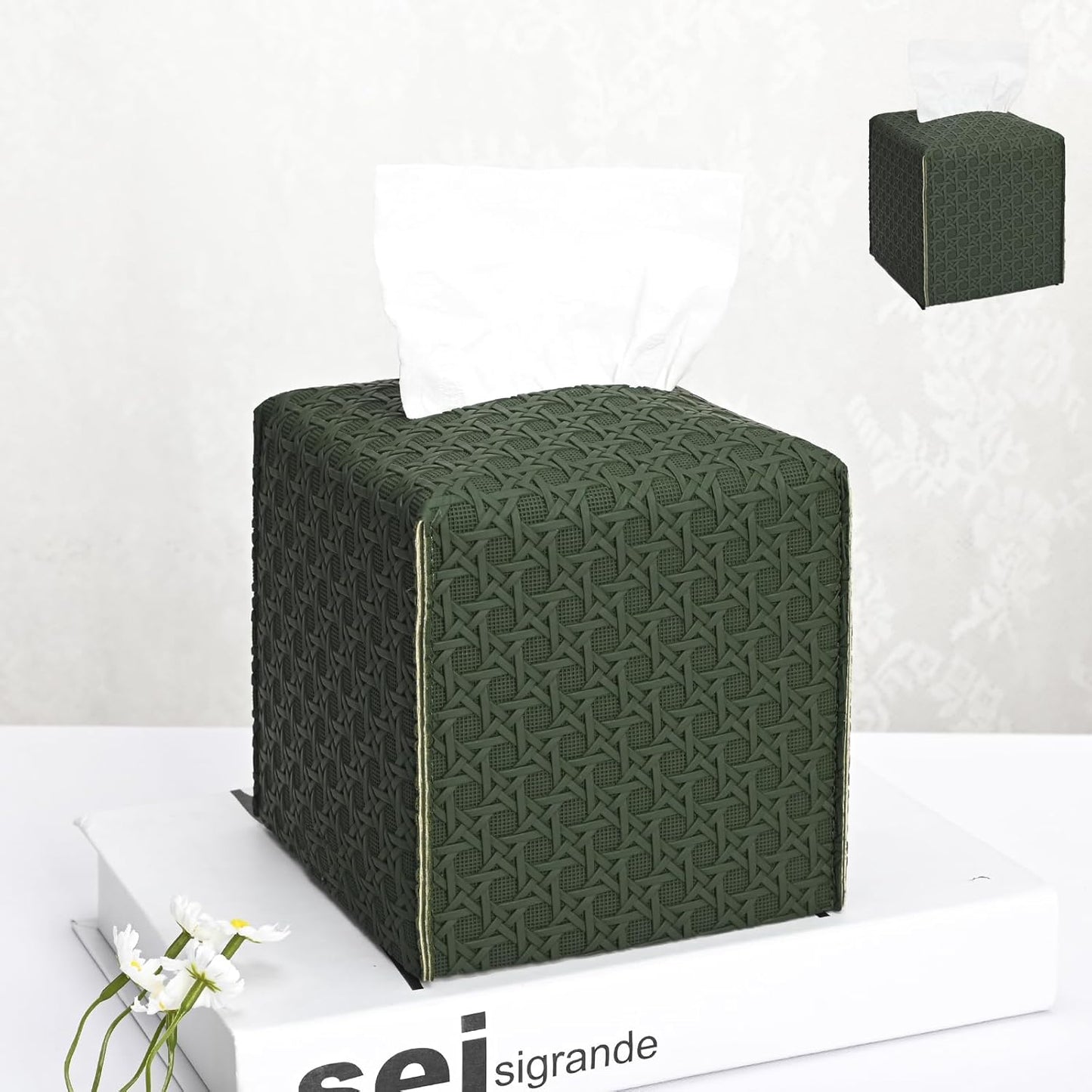 HOMOTEK 2 Pack Tissue Box Cover, Square PU Leather Tissue Holder, Decorative Facial Tissue Cube Paper Organizer Dispenser for Bathroom, Night Stands, Desk, Car 5X5X5'' - Rattan Weave,Emerald Green