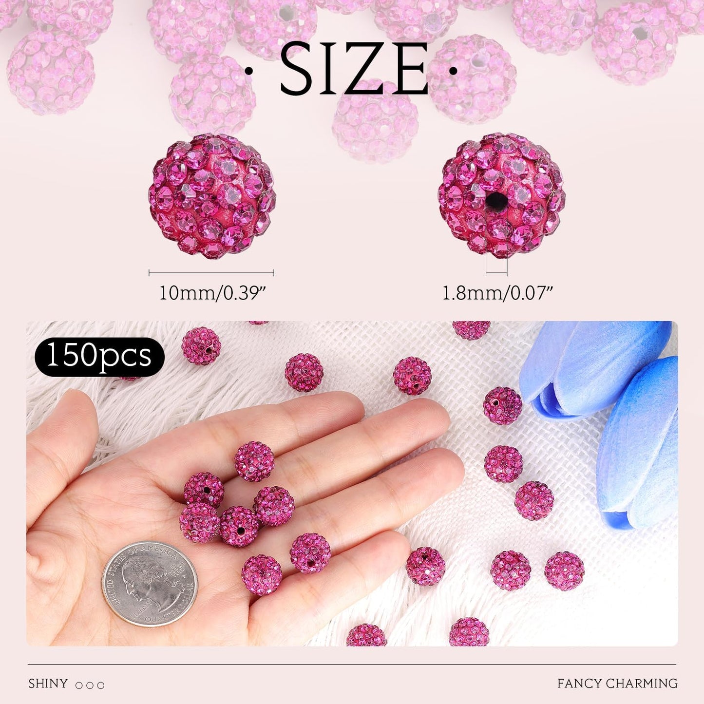 150 pcs 10mm Rhinestone Beads for Jewelry Making, Fuchsia Shiny Round Shamballa Disco Beads Bulk, Sparkle Crystal Clay Christmas for Bracelet Baseball Necklace Earring Crafting and DIY