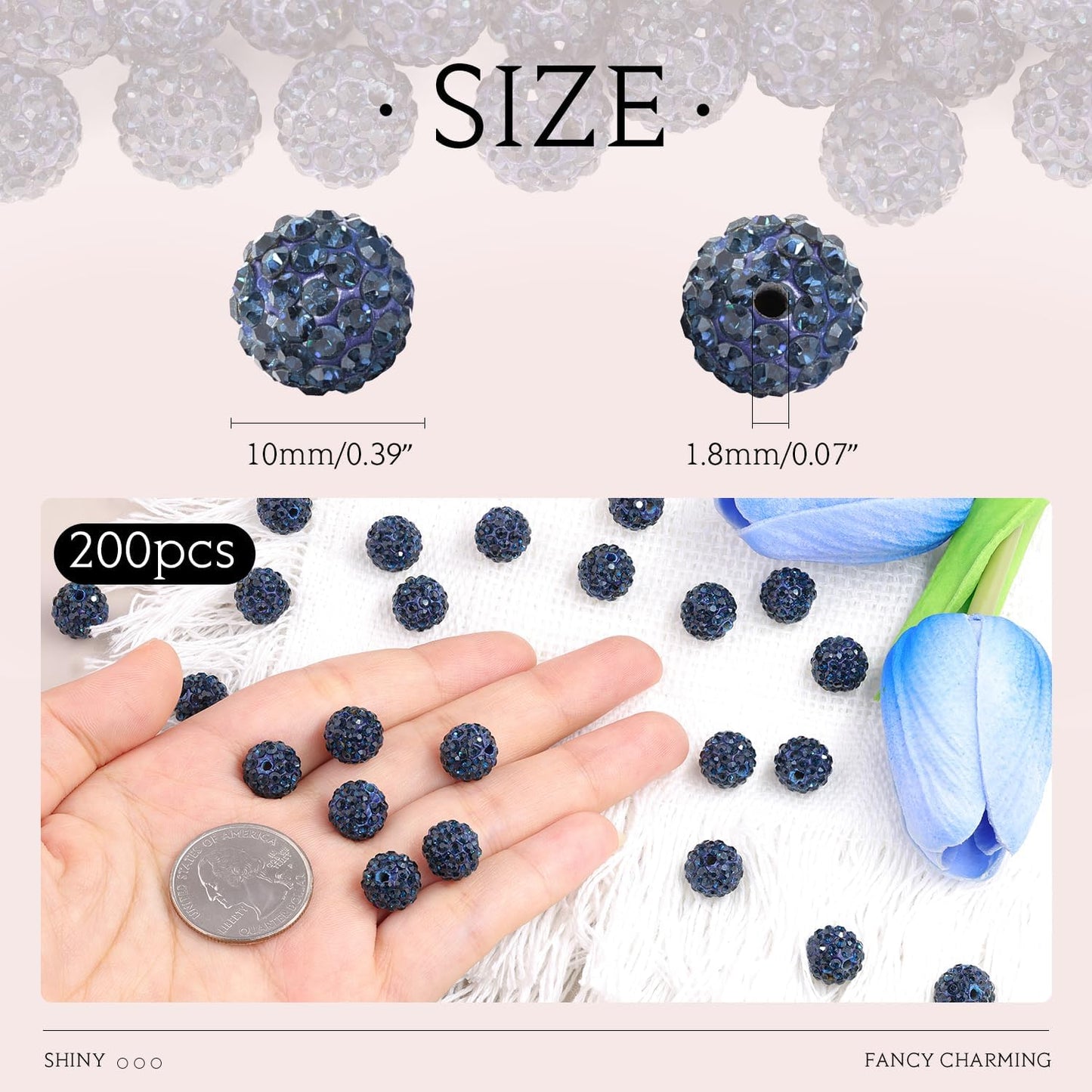 200pcs 10mm Blue Black Rhinestone Beads for Jewelry Making, Shiny Round Shamballa Disco Ball Beads Bulk, Sparkle Crystal Clay Christmas for Bracelet Baseball Necklace Earring Crafting and DIY