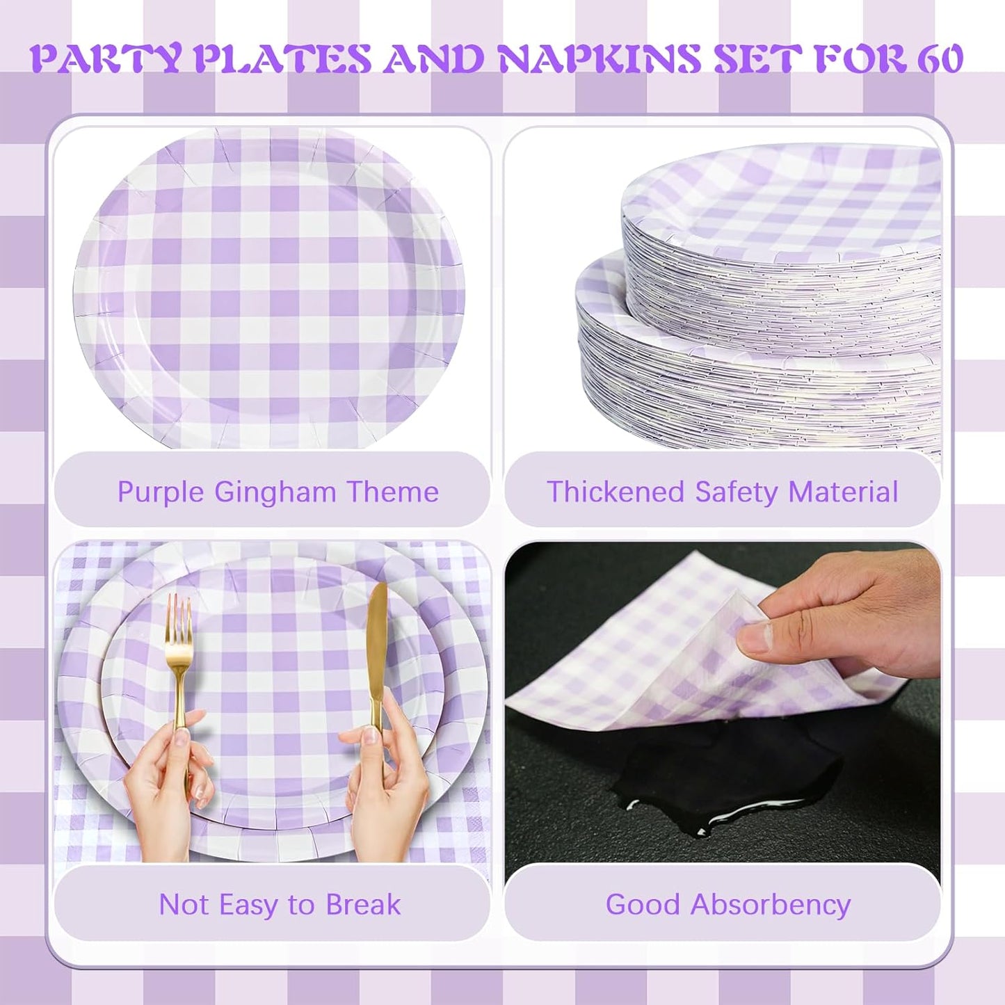 180Pcs Purple Gingham Party Supplies Paper Plates and Napkins Serve 60 Disposable Tableware Set for Birthday Party Decorations Game Day Family School Holiday Sports Events