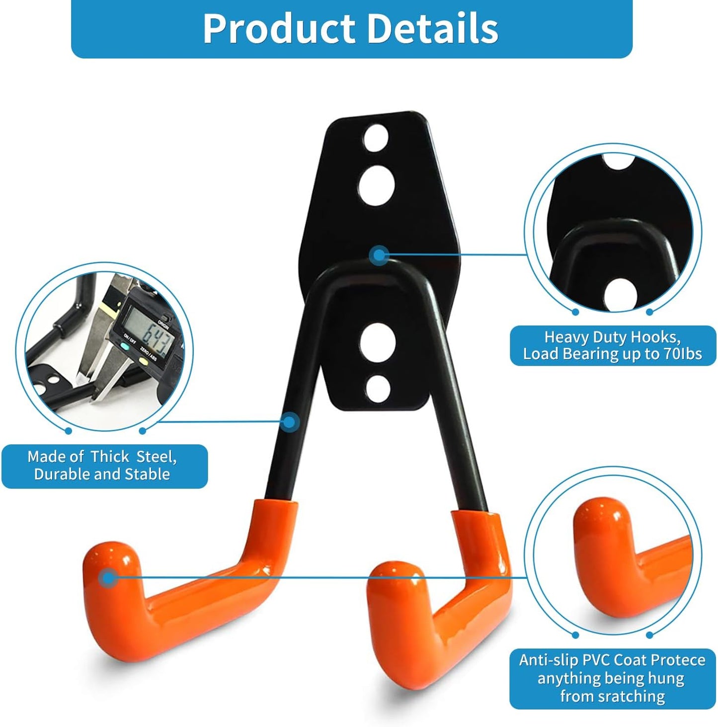 2 Pack Garage Storage Utility Hooks，Garage Garden Tool Organizer，Steel Wall Mount Hooks, Garden Small U Hooks (Black) (Orange)