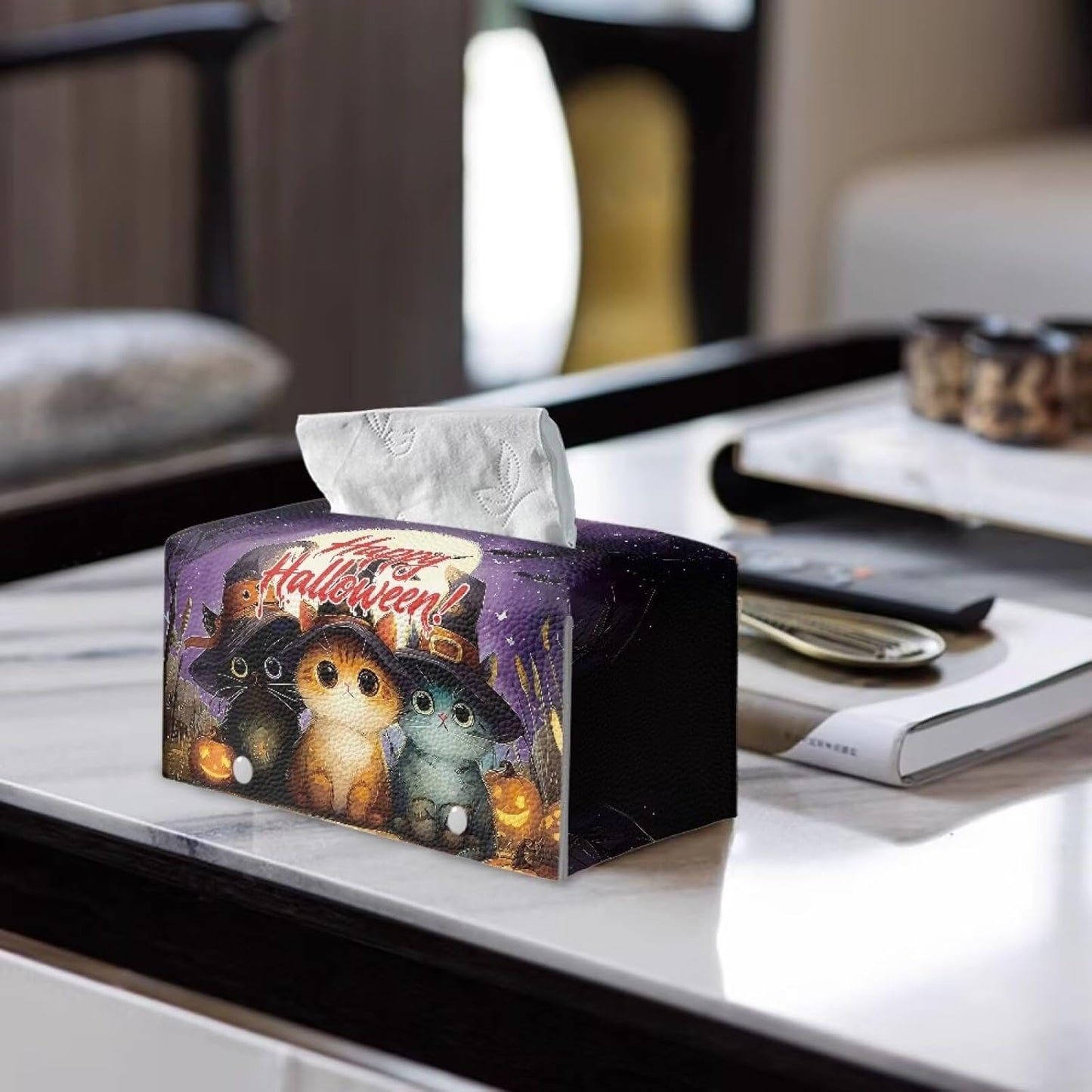 Happy Halloween Tissue Box Cover Holiday Home Decor Cute Cat Tissue Box Holder Modern Home Decor Facial Paper Organizer Holder for Office Bedroom Car Bathroom