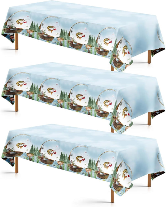 3Pcs Gone Fishing Party Tablecloth Fishing Birthday Plastic Table Cover Waterproof Little Fisherman Baby Shower Disposable Table Cloth for Ofishally One Retirement Party Decorations, 54 x 108 Inch