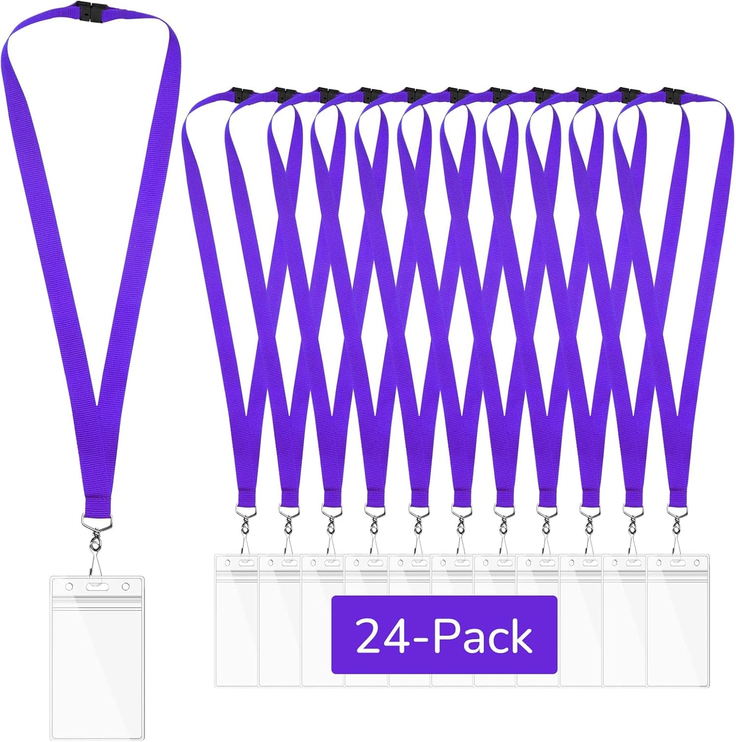24-Pack Purple Breakaway Lanyards with Waterproof Badge Holders, Polyester Neck Straps for ID Cards, Events, Office, and Schools