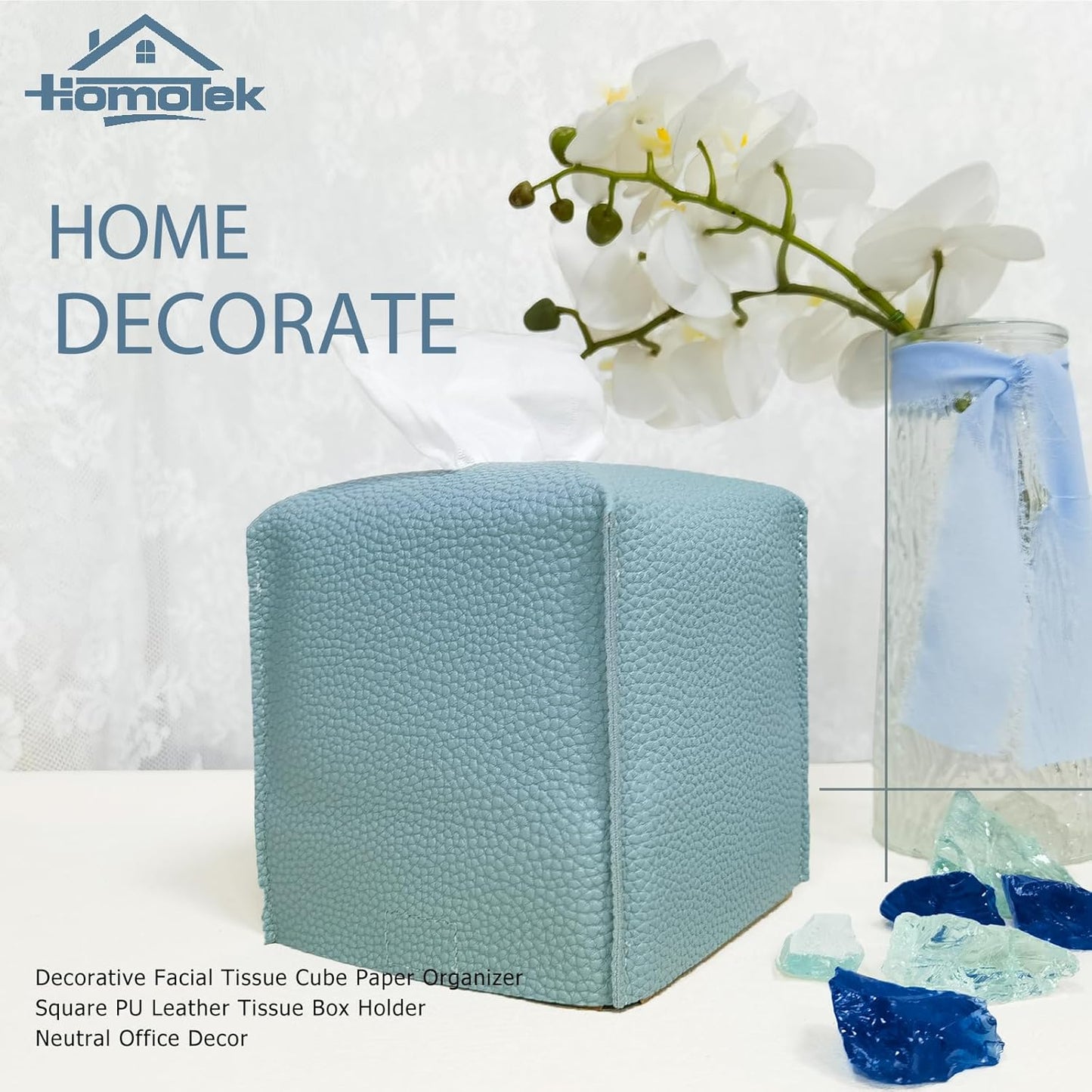 HOMOTEK 2 Pack Tissue Box Cover, Square PU Leather Tissue Holder, Decorative Facial Tissue Cube Paper Organizer Dispenser for Bathroom, Night Stands, Desk, Car 5X5X5'' - Aqua Blue, Pebble Grain
