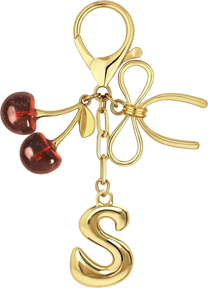 Gold Bubble Heart, Bow & More Designs Letter Initial Keychain Bag Charms – Cute by BydGxy