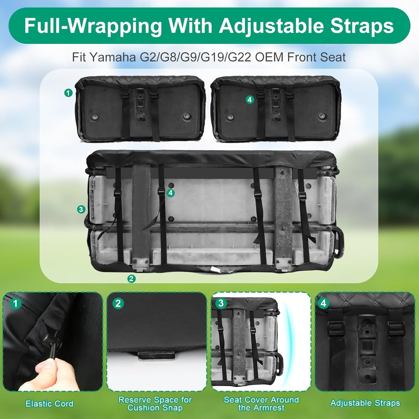 iLSKW Golf Cart Seat Covers for Yamaha G22 G8 G9 G16 G19 G2 Seat Cover OEM Front, Thinck Vinyl Leather with Convex Diamond Texure, Full Wrap-Around Design of Yamaha G22 Golf Cart Front Seat Cover