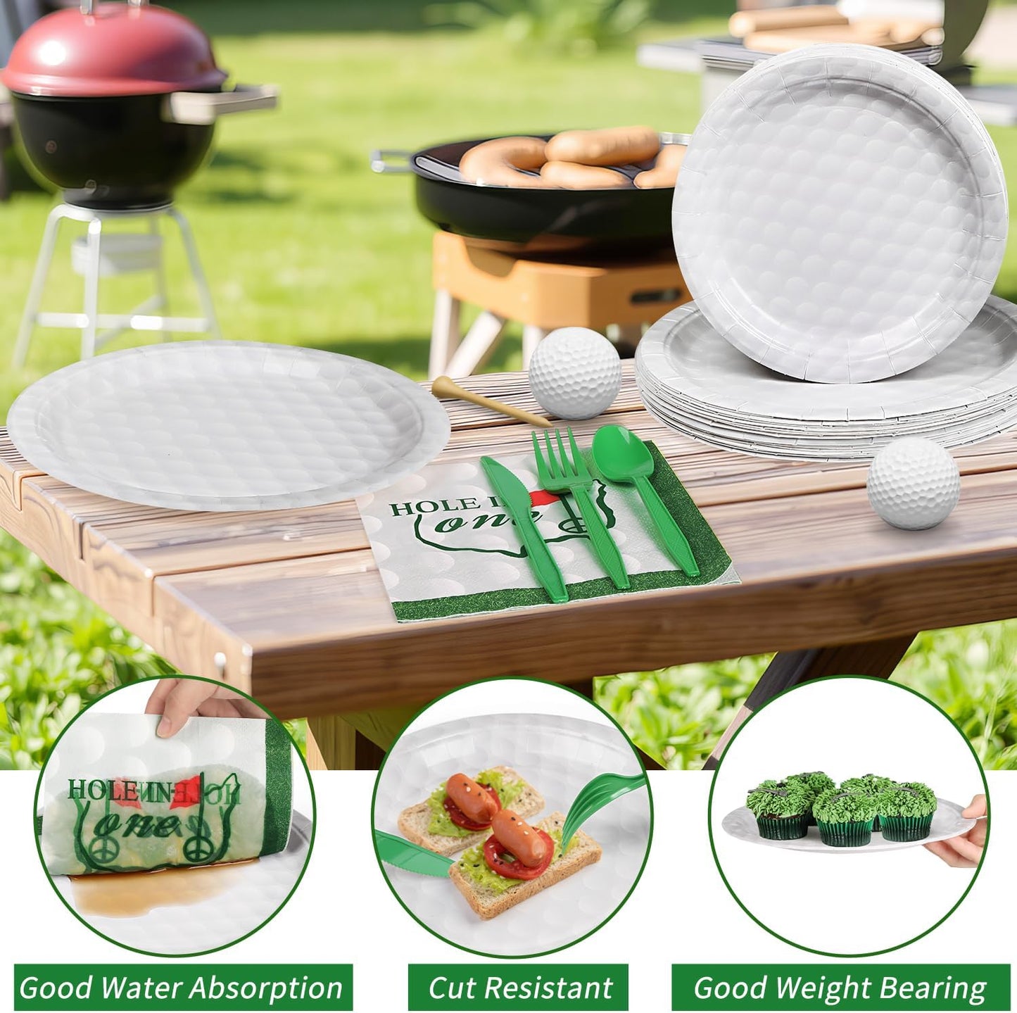 144 Pcs 3D Golf Ball Party Supplies Paper Ball Plates and Napkins Dinnerware Set Tableware Supplies Includes Paper Plates Napkins Forks Serve 24 for Birthday Sports Party decorations