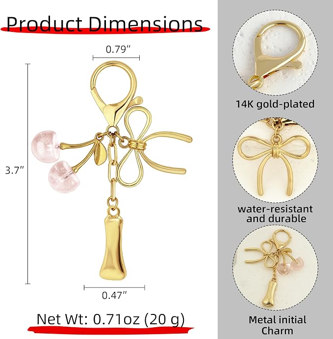 Gold Bubble Heart, Bow & More Designs Letter Initial Keychain Bag Charms – Cute - Image 5