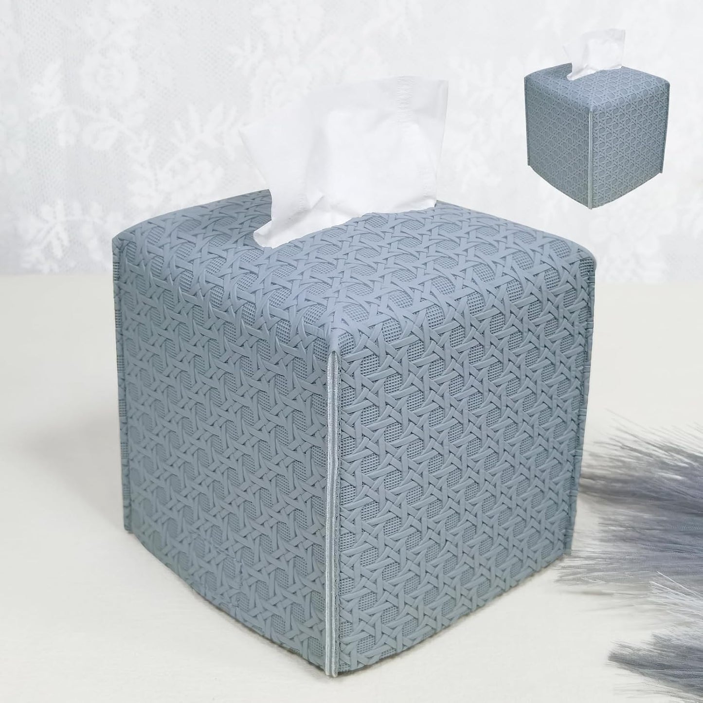 HOMOTEK 2 Pack Tissue Box Cover, Square PU Leather Tissue Holder, Decorative Facial Tissue Cube Paper Organizer Dispenser for Bathroom, Night Stands, Desk, Car 5X5X5'' - Rattan Weave, Light Gray